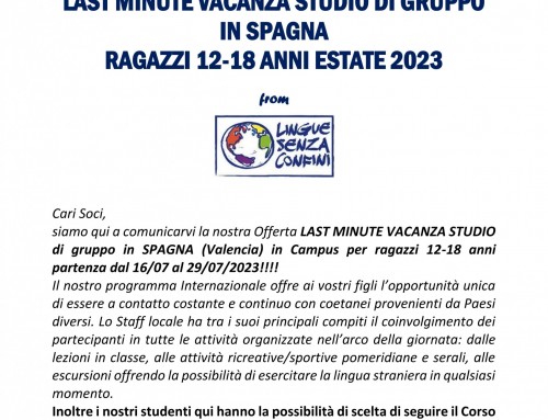 ULTIMI GIORNI LAST MINUTE VACANZA STUDIO SPAGNA RAGAZZI 12-18 ANNI ESTATE 2023